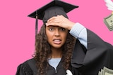 Woman holds piggy bank and looks stressed. She wears graduation gown and mortarboard. Graphics of flying money fly passed her