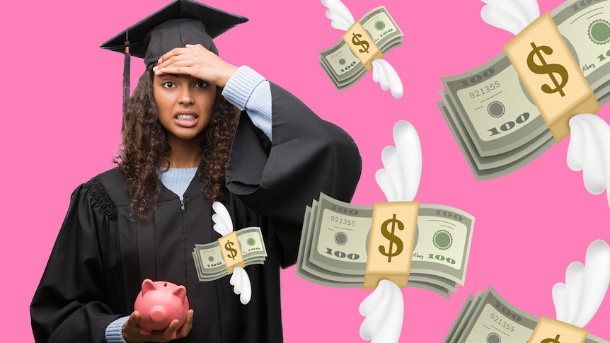 Woman holds piggy bank and looks stressed. She wears graduation gown and mortarboard. Graphics of flying money fly passed her