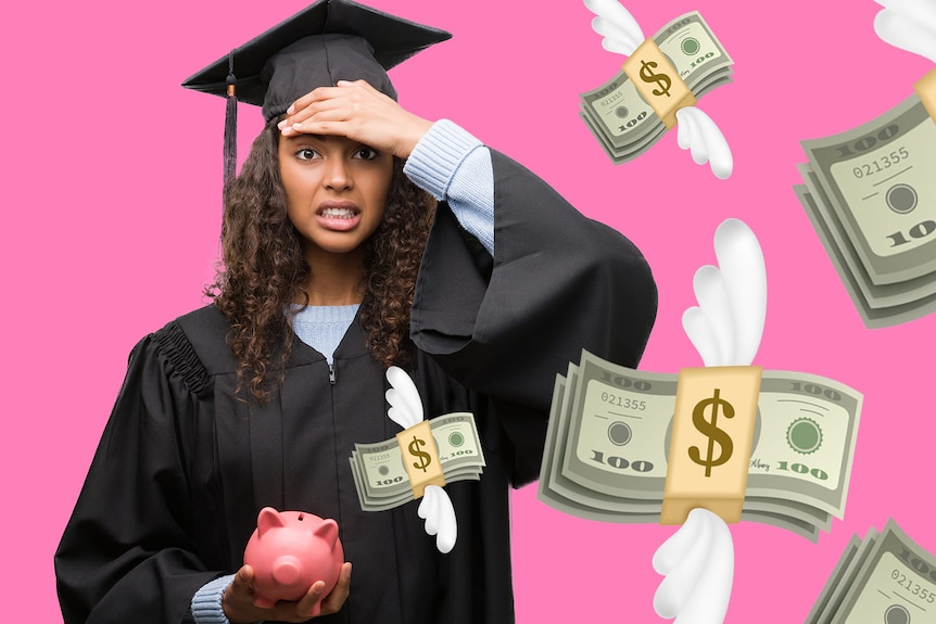 Woman holds piggy bank and looks stressed. She wears graduation gown and mortarboard. Graphics of flying money fly passed her