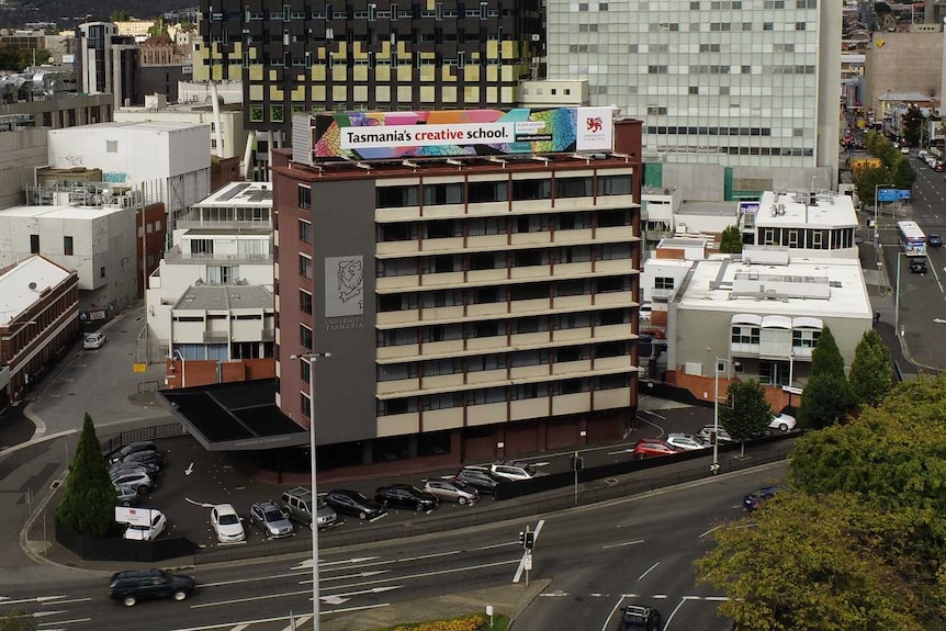 A birds-eye-view photo of the former Fountainside Hotel in Hobart, which is now University of Tasmania accommodation.