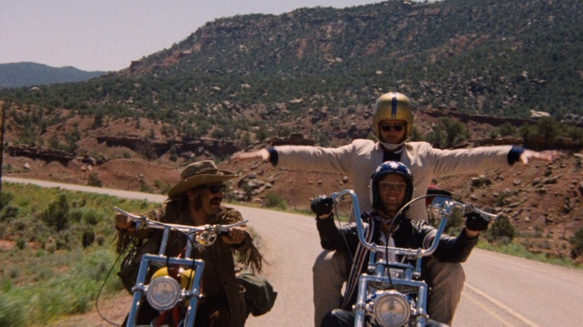 Dennis Hopper, Jack Nicholson and Peter Fonda on motorcycles in a scene from Easy Rider.