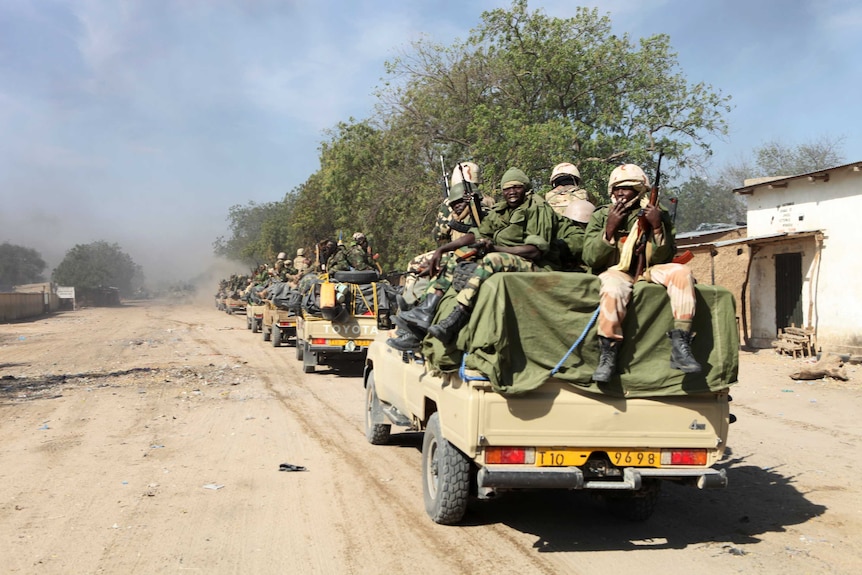 Chadian soldiers patrol Nigerian town of Gamboru