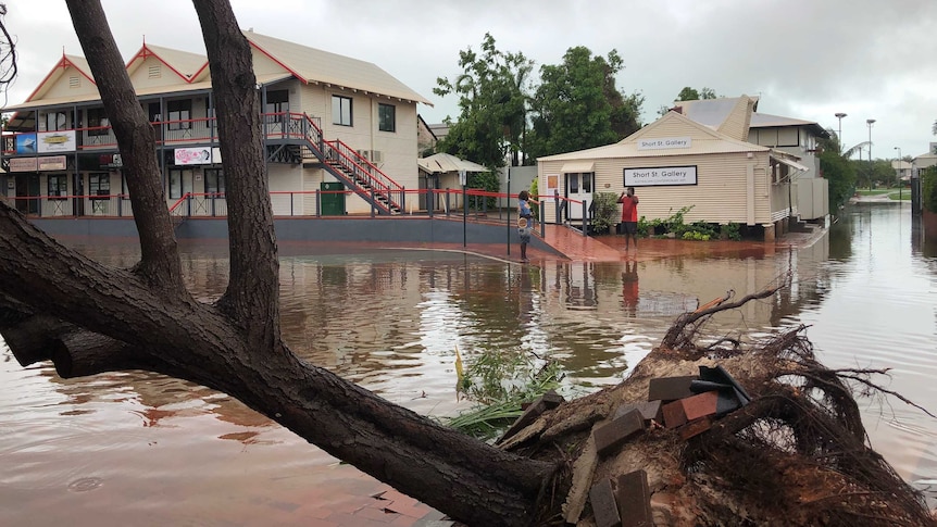 A street of white weatherboard houses is covered in water as an uprooted tree shows in the foreground.