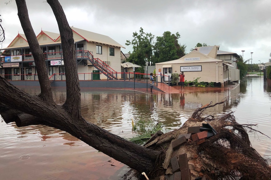 A street of white weatherboard houses is covered in water as an uprooted tree shows in the foreground.