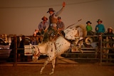 A man riding a bucking horse in an outback rodeo arena, at dusk.