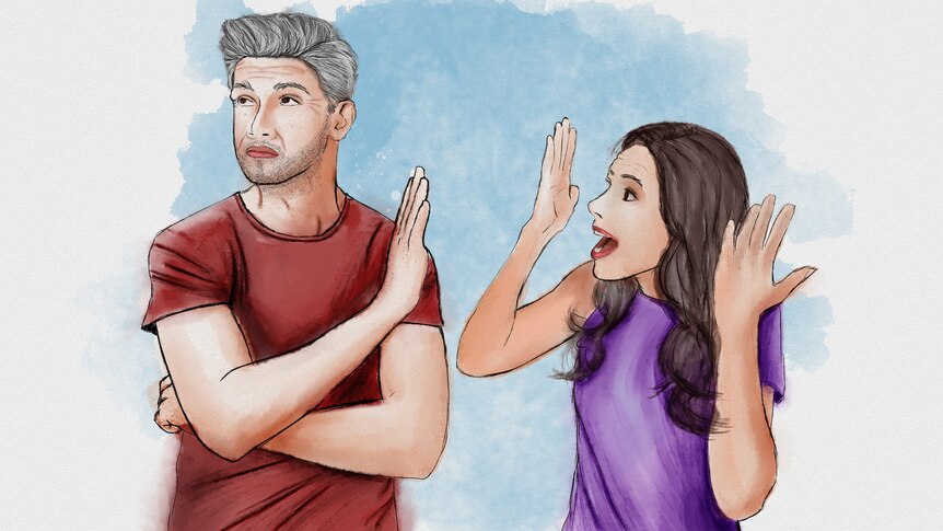 An illustration shows a woman raising her hands as a man turns his head away and shows his palm.