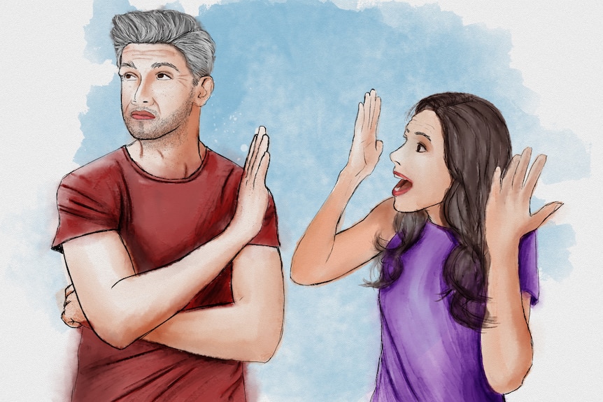 An illustration shows a woman raising her hands as a man turns his head away and shows his palm.
