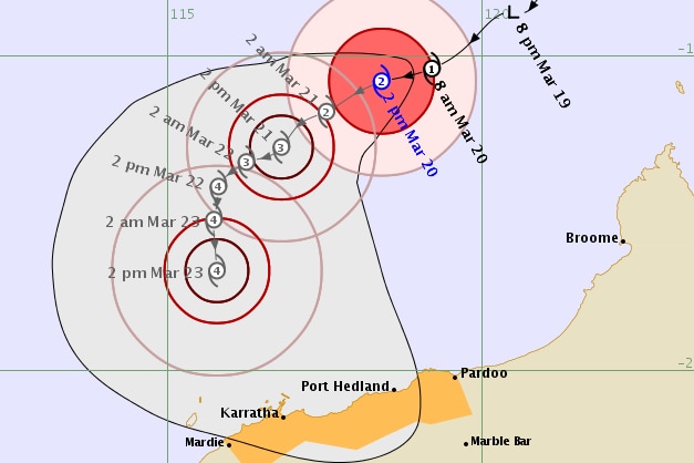 Map showing the projected path of Tropical Cyclone Veronica off WA's Pilbara coast.