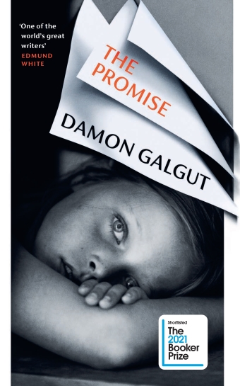 The book cover of The Promise by Damon Galgut with a black and white picture of a young girl leaning on her arm