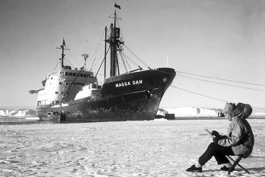 Black and white photo of Nel Law, sitting and drawing on large piece of paper, which huge ship named 'Magga Dan' behind her.