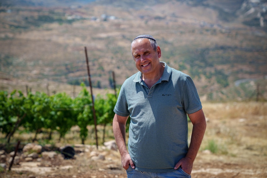 A man wearing a blue collared shirt stands with hands in his jean pockets next to a vineyard