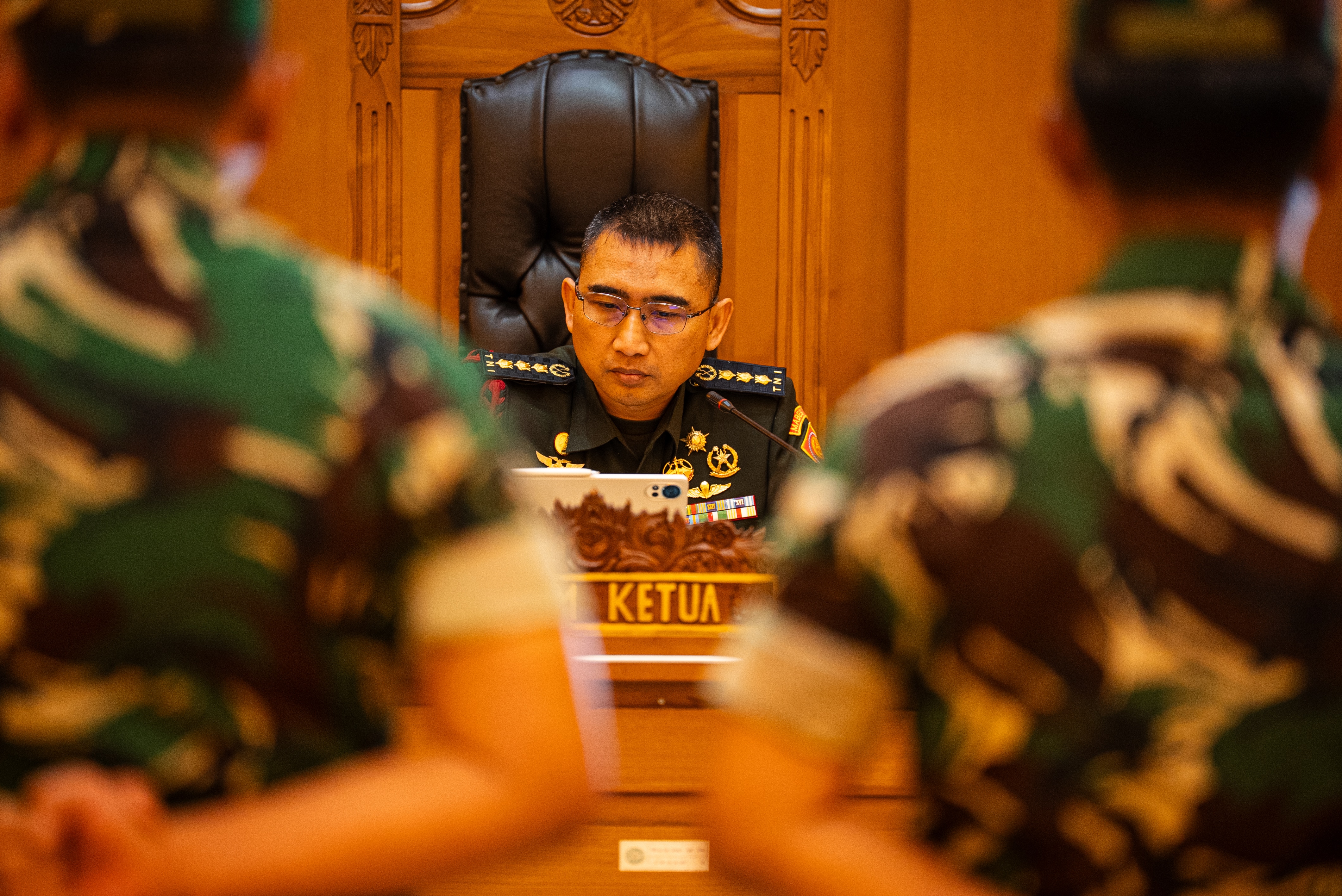 A close up of one of the judges at the military court in Jakarta.
