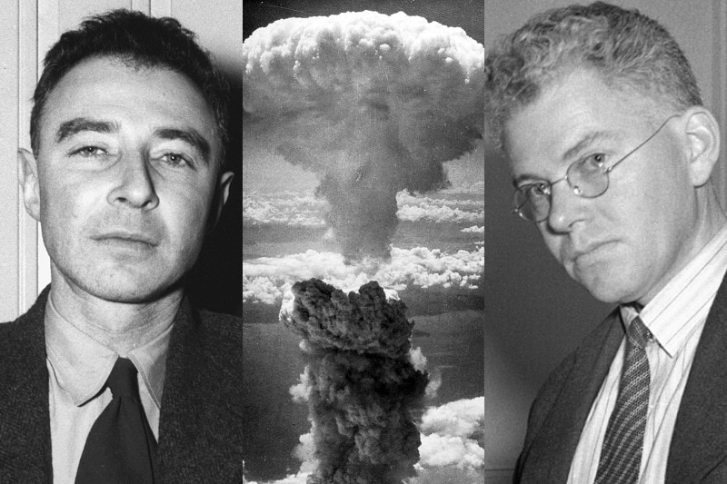 A composite image showing two physicists and the Nagasaki mushroom cloud.