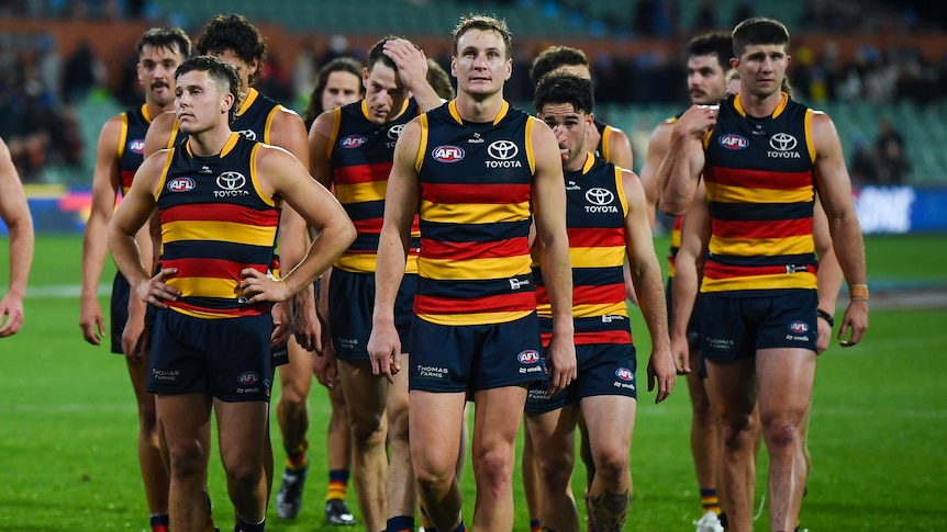 Adelaide Crows players walk.