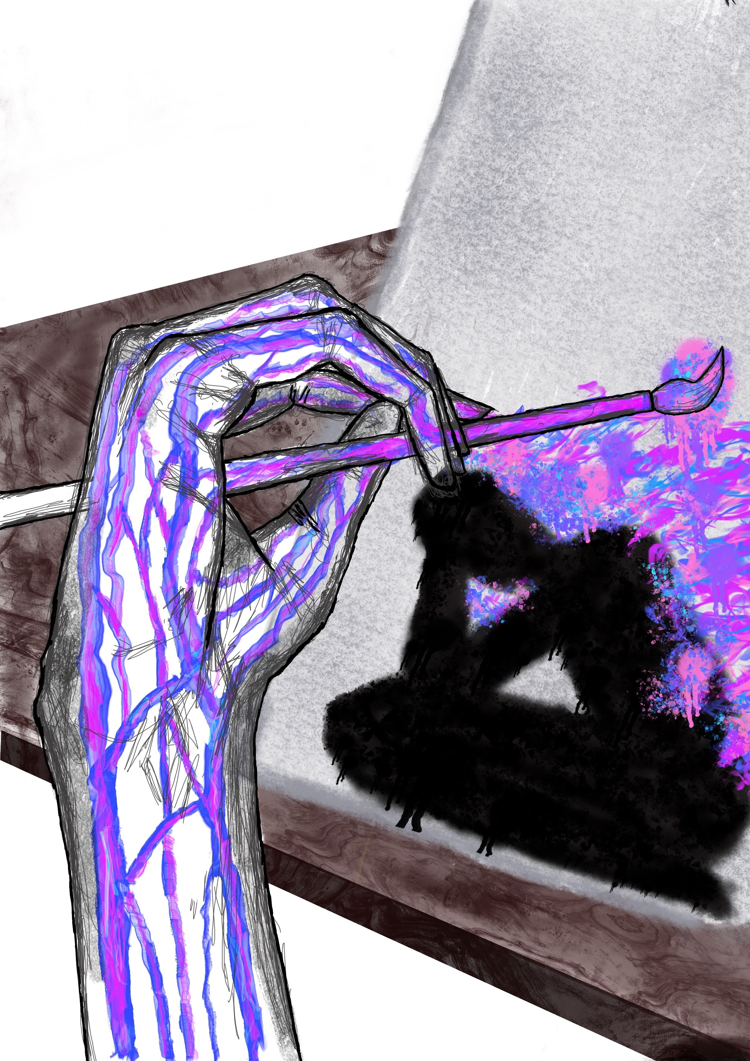A digital illustration of a purple and blue hand painting over an image of a dark figure, with their head in hands.