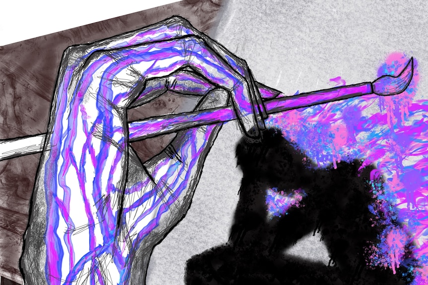 A digital illustration of a purple and blue hand painting over an image of a dark figure, with their head in hands.