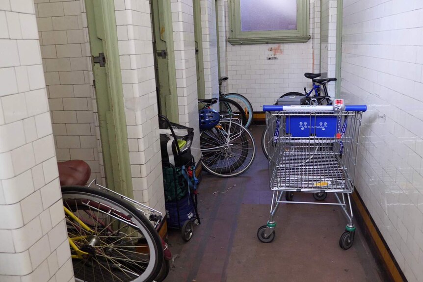 Bikes and a trolley and stored in an old, unused room
