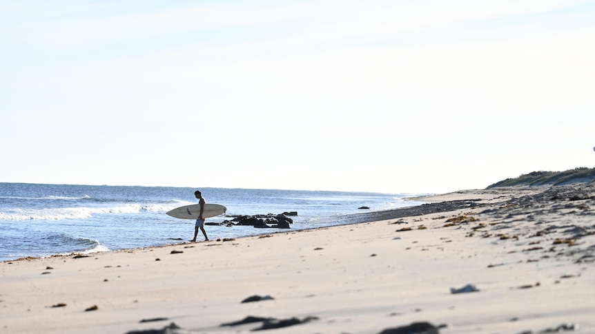 A surfer in the distance stands at the shoreline