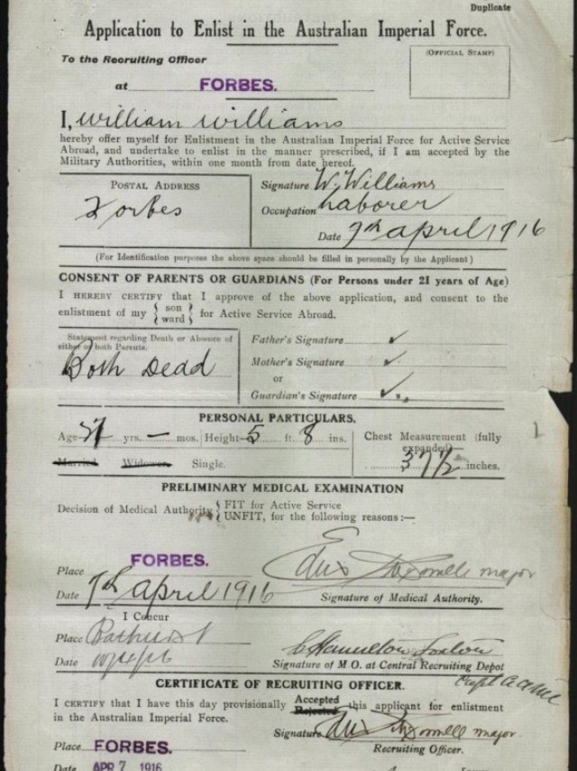 An old military form, on a sheet of paper, entitled 'Application to enlist in the Australian Imperial Force'