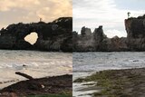 A composite of the natural stone arch of Punta Ventana seen before and after it was destroyed in the earthquake.