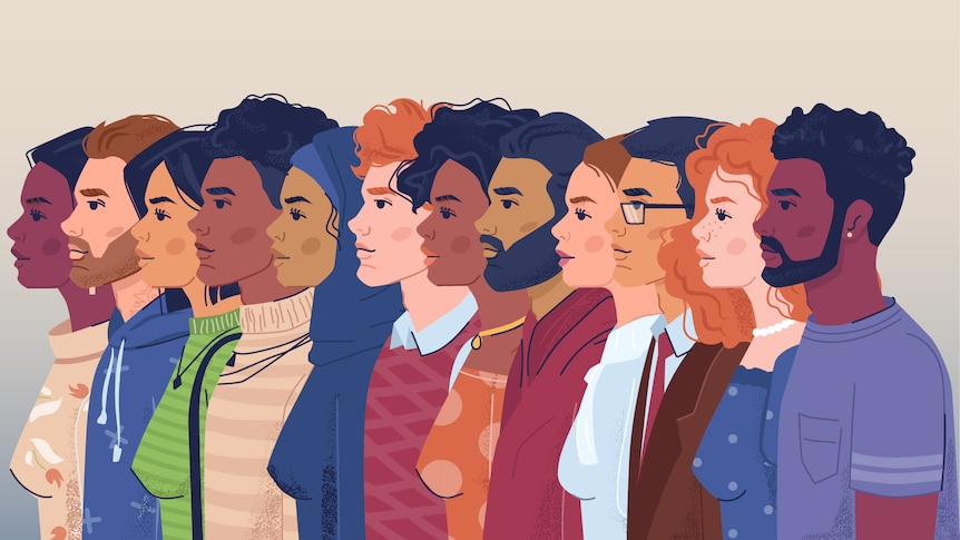 An illustration of figures from different races and skin colors and all of them facing the left side.