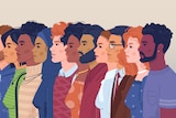 An illustration of figures from different races and skin colors and all of them facing the left side.