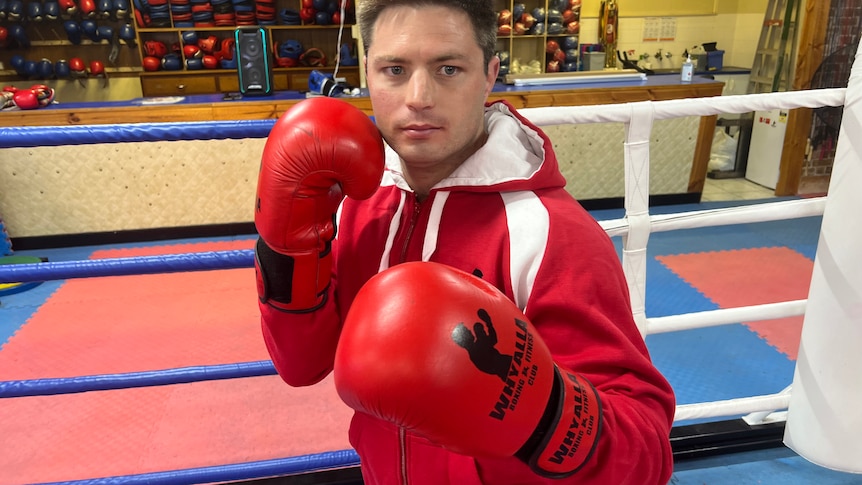 A man wearing boxing gloves looks at the camera. 