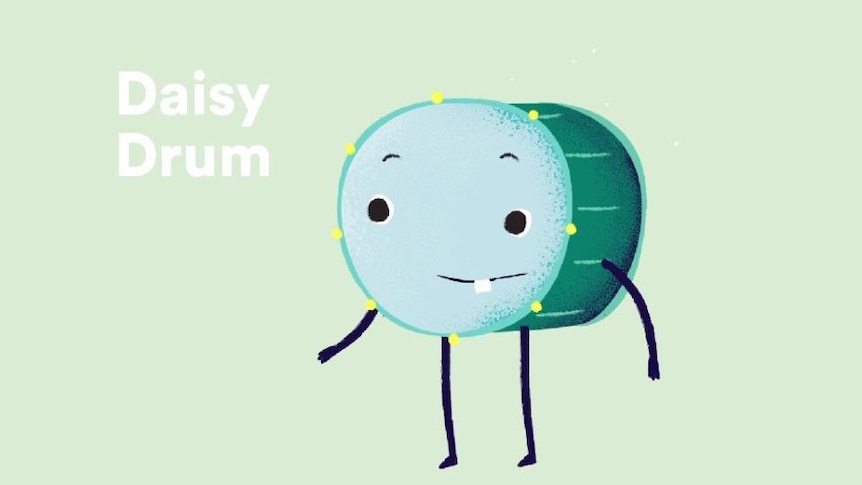 Cartoon drum with face, arms and legs, text reads "Daisy Drum"