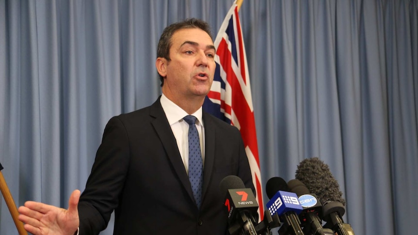 Steven Marshall speaks into media microphones