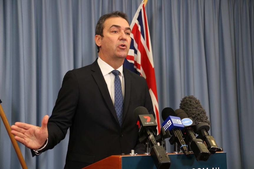 Steven Marshall speaks into media microphones