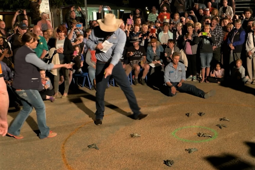 Large crowd in a ring at night time, man wearing cowboy hat in centre pointing at yabbies racing out of chalked circle on floor