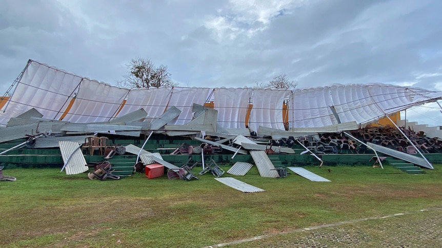 A temporary grandstand at Galle International Stadium in a collapsed state.