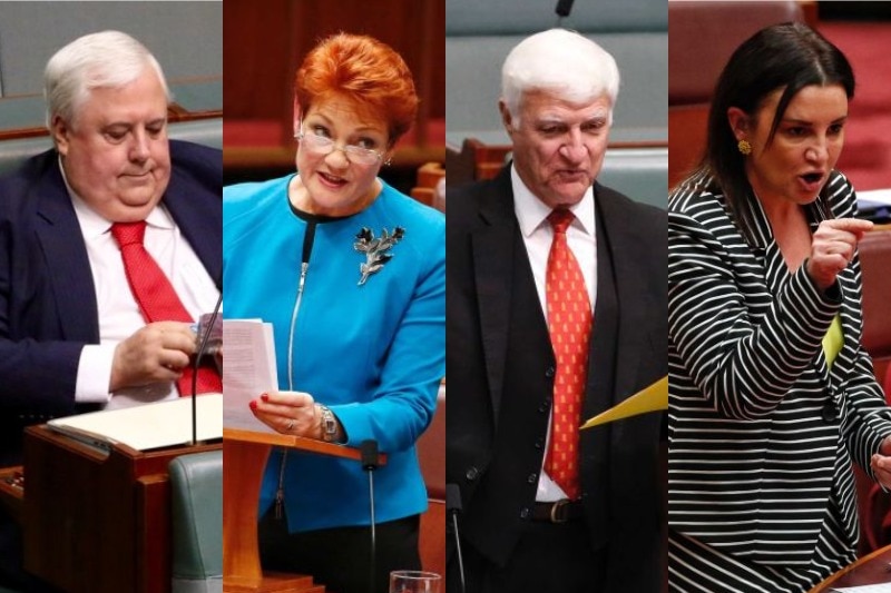 A composite image of Clive Palmer, Pauline Hanson, Bob Katter, and Jacqui Lambie.