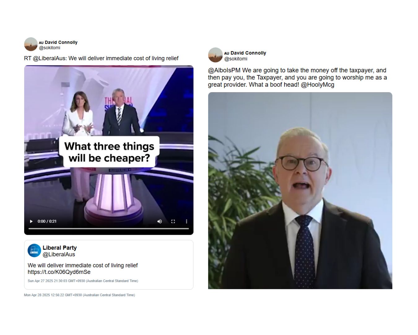 Capturas de pantalla de viejos tweets que critican al primer ministro Anthony Albanese y expresan su apoyo al Partido Liberal.