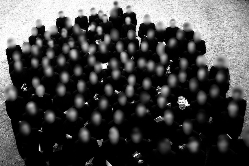 A black-and-white photo of a large group of teenage boys, members of the Christian Brothers.