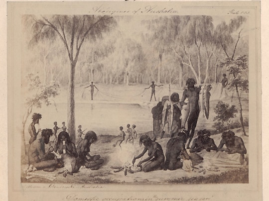 An 1857 image by Gustav Mutzel near Mildura depicting children playing kick to kick with a spherical object.