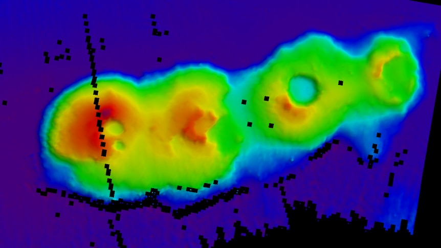 3D image of the ocean floor showing a cluster of three volcanoes.