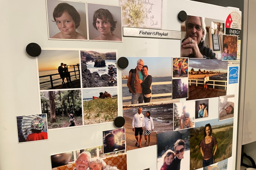 A collection of photos on a fridge showing a man and woman together.