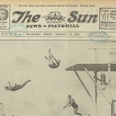 Old newspaper clipping with The Sun headline and picture of divers 