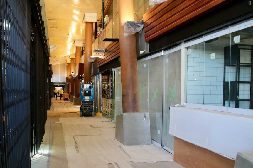 A corridor of empty food outlets which are being fitted out in Yagan Square's Market Hall.