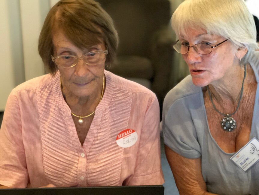 An elderly woman with a helper, sitting at the computer