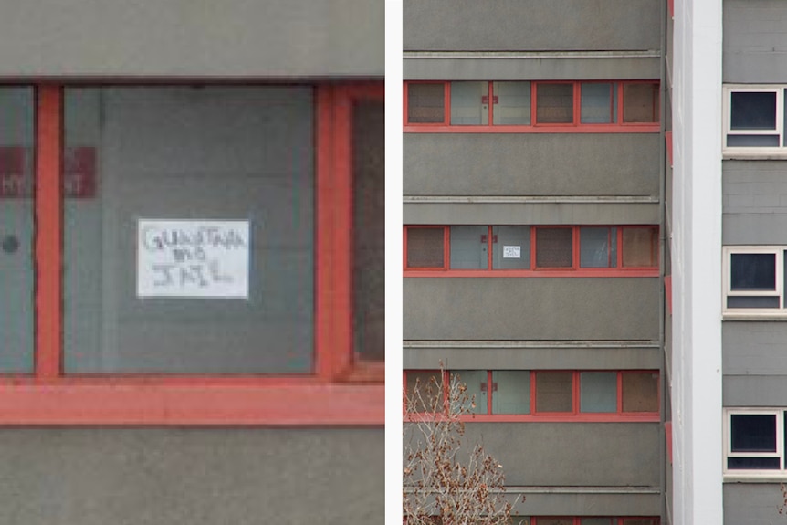 You view a diptych of the same image showing windows of a public housing estate window with a poster reading 'Guantana mo Jail'.