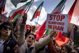Women wave Iranian flags and a sign saying: "Stop bloodshed in Iran."