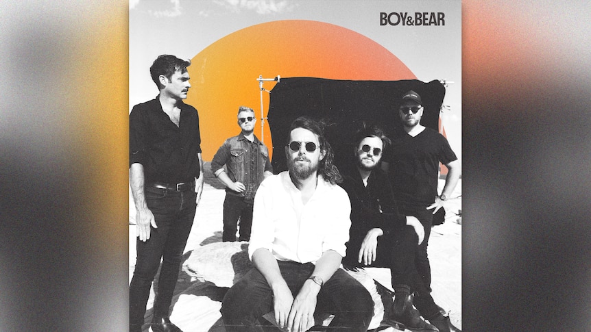 five men sit and stand around on the cover of an album. four wear sunglasses. behind them an orange sun.