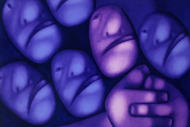 An artwork by Tselkov Oleg shows abstract faces in purple tones.