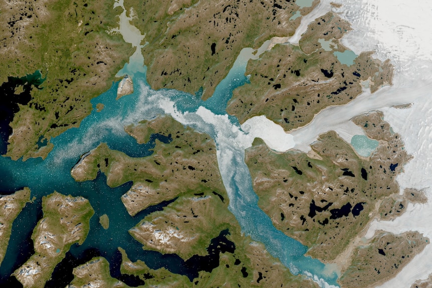 A satellite image shows Nuuk Fjord, Greenland.