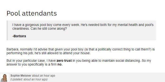 Blog question about pool boy and Sophie answer "I have zero trust in you being able to maintain social distancing".