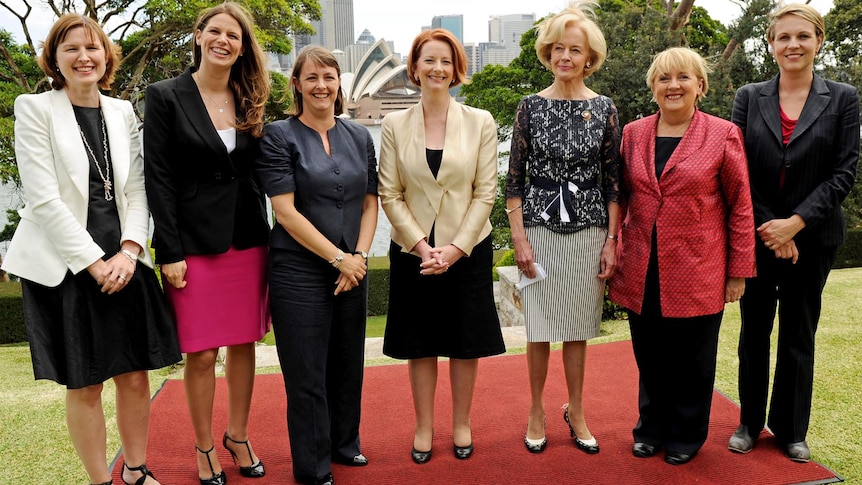 (L to R) Julie Collins, Kate Ellis, Nicola Roxon, Julia Gillard, Quentin Bryce, Jenny Macklin and Tanya Plibersek after the swearing in.