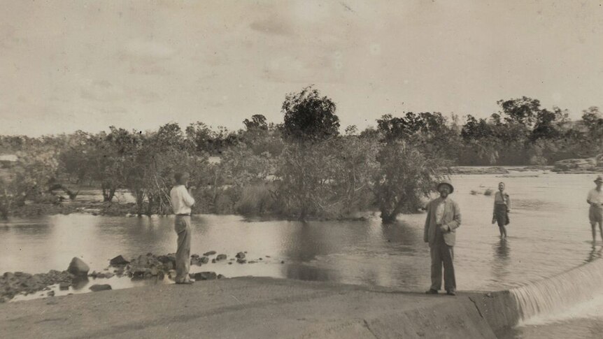 Bill Jones, Isaac Steinberg, and Elizabeth and Kim Durack on the original Buchanan's Crossing in 1939