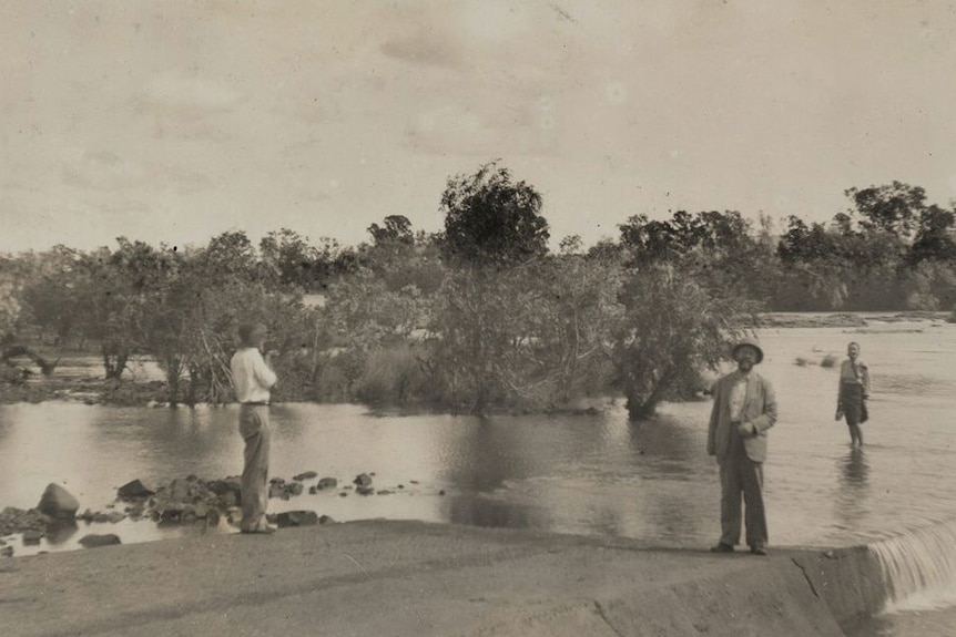 Bill Jones, Isaac Steinberg, and Elizabeth and Kim Durack on the original Buchanan's Crossing in 1939